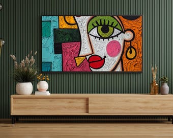 Samsung Frame TV Digital Art Picasso Style Portrait Wall Display Hisense Canvas TV Mock Up Colorful Abstract Face Bold Texture Modern
