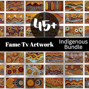Könnte beinhalten: Eine Sammlung gerahmter indigener Kunstwerke in warmen Tönen von Orange, Braun und Gelb. Die Gemälde zeigen abstrakte Landschaften, Bäume und Muster. Das Bild enthält den Text "45+ Fame Tv Artwork Indigenous Bundle."
