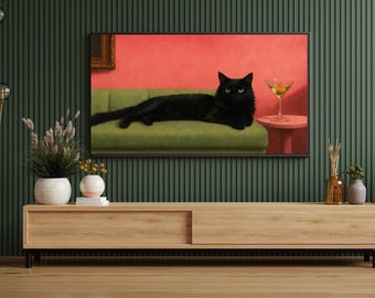 Samsung Frame TV Artwork Digital Art Cat Martini Painting Retro Lounge Wall Decor Hisense Frame Display Black Cat TV Art Download