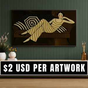 May include: A framed artwork depicts a person reclining on a brown sofa with striped and patterned cushions. The person wears a striped outfit. The artwork is displayed above a wooden cabinet. The text "$2 USD PER ARTWORK" is displayed on the cabinet.