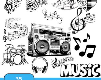 Ensemble d'instruments de musique Svg Png, guitare Piano tambour trompette violon Clipart, note de musique couper des fichiers pour Cricut et Laser, téléchargement numérique
