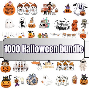 May include: A collection of Halloween-themed illustrations, including ghosts, pumpkins, trick-or-treat bags, and characters in costumes. The text "1000 Halloween bundle" is displayed prominently in the center of the image. The illustrations are colorful and cartoon-like.