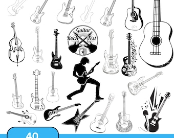 Paquete de SVG de guitarra / Guitarra eléctrica y acústica SVG PNG / Clipart de guitarra floral / Notas musicales SVG para Cricut Silhouette Printable Art