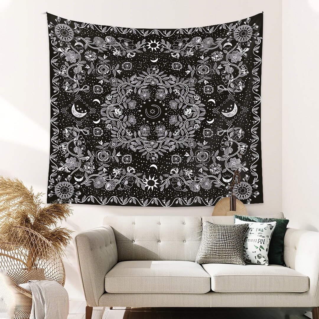 Black Moon Phase Tapestry, Moon Wall Cloths, Floral Pattern Tapestry ...