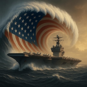 May include: An aircraft carrier navigating turbulent waters, with a wave forming the American flag above. The image showcases a detailed ship and a dramatic sky, evoking a sense of power and patriotism.