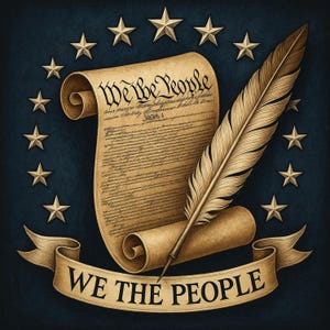 May include: An illustration featuring a parchment scroll with the words "We the People" and a feather quill. The scroll is surrounded by gold stars on a dark blue background. A banner at the bottom also reads "We the People".