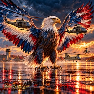 Patriotisk örn digital konst med militära helikoptrar och certifikat