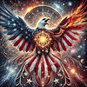 Mystical Eagle Art – Patriotic Celestial Digital Print | American Flag Cosmic Wall Decor