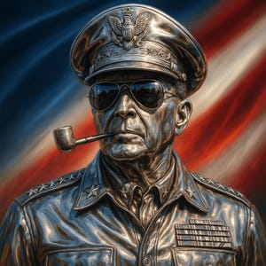 Op de afbeelding: Een metalen portret van een man in militair uniform, met een hoed met een adelaarsembleem en een zonnebril, die een pijp rookt. De achtergrond toont een vage Amerikaanse vlag.