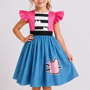 Girls Pink, Blue, & Striped Cat Costume Dress With Kitty Ear Headband | Kids Halloween Outfit | Birthday Party Dress | Pretend Play