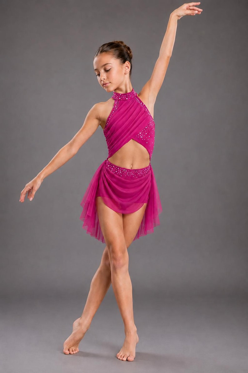 Girls Lyrical Dance Dress, Rhinestone Ballroom Costume, Modern Performance Outfit, Gymnastics Dancewear Hot Pink