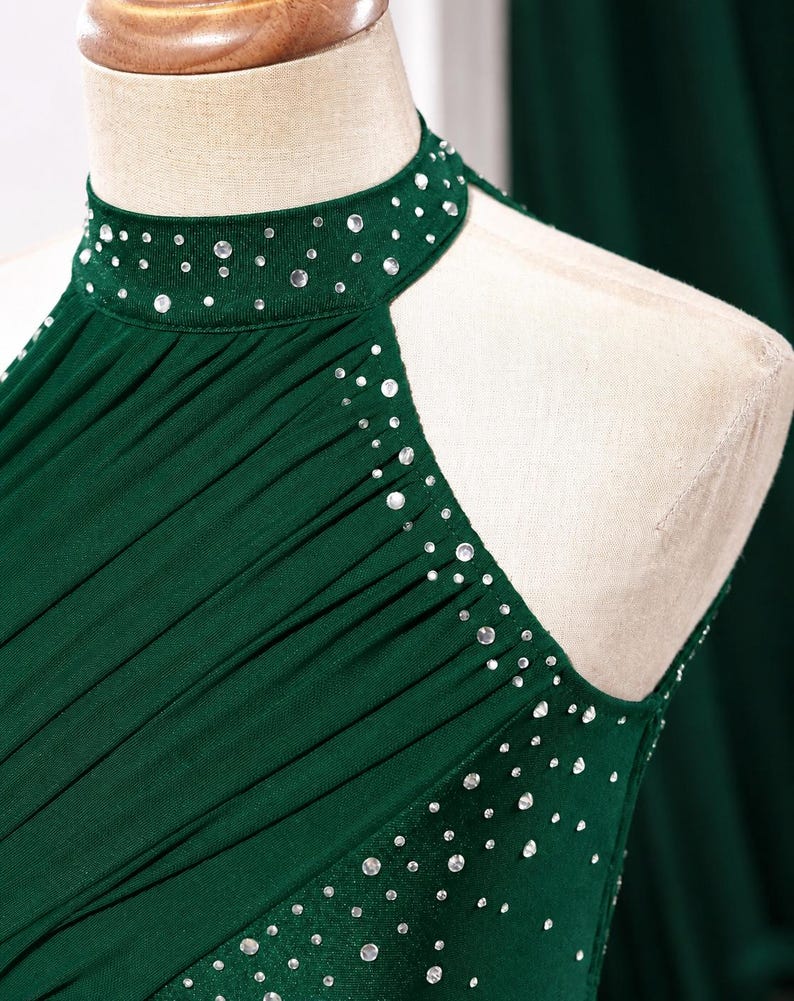 Girls Lyrical Dance Dress, Rhinestone Ballroom Costume, Modern Performance Outfit, Gymnastics Dancewear Emerald Green