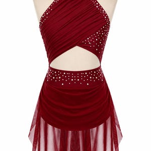 Girls Lyrical Dance Dress, Rhinestone Ballroom Costume, Modern Performance Outfit, Gymnastics Dancewear Ruby Red