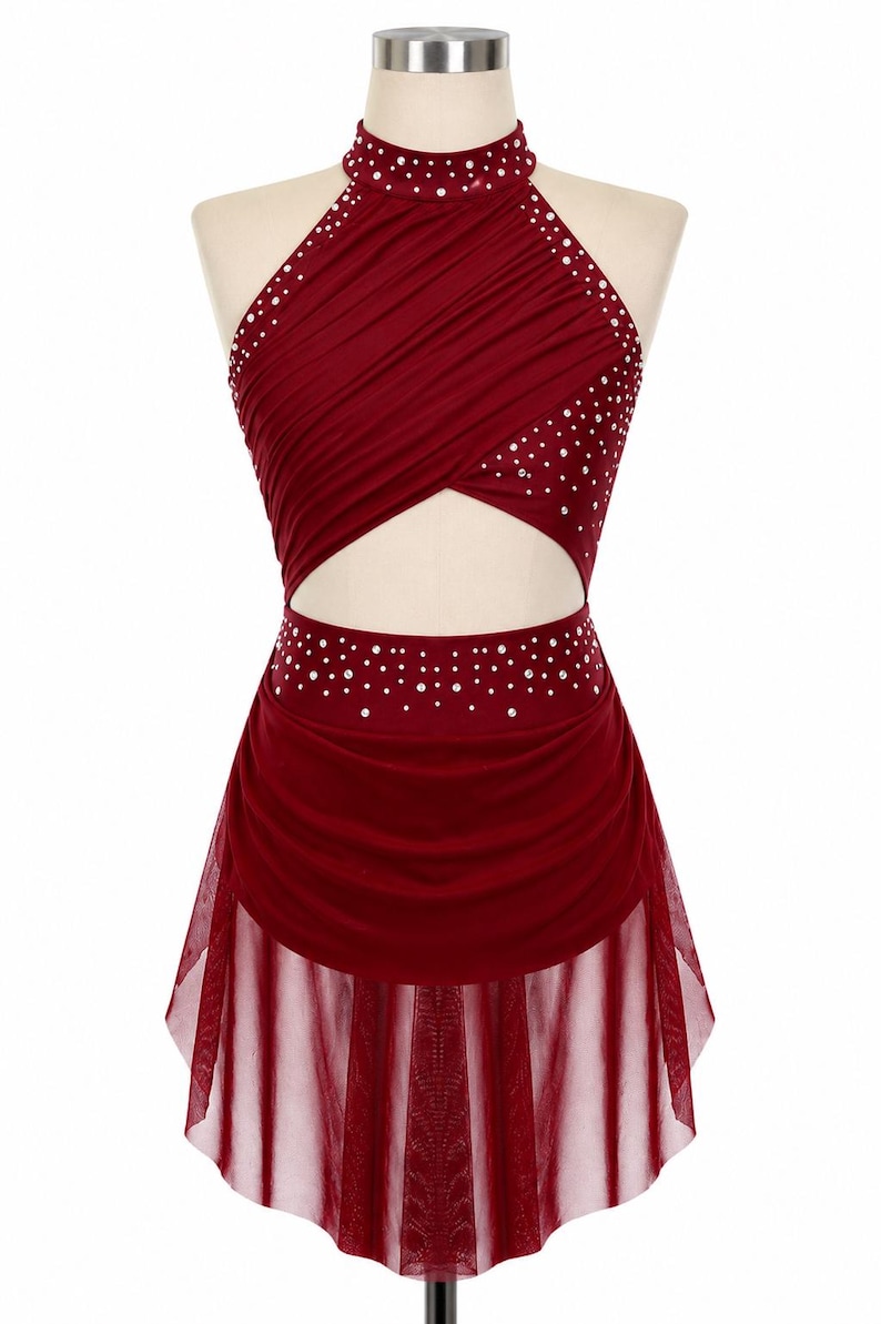 Girls Lyrical Dance Dress, Rhinestone Ballroom Costume, Modern Performance Outfit, Gymnastics Dancewear Ruby Red