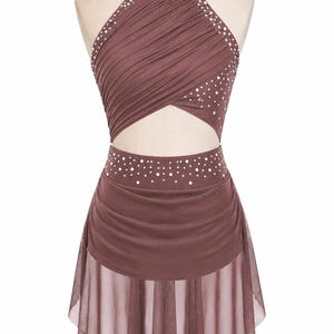 Girls Lyrical Dance Dress, Rhinestone Ballroom Costume, Modern Performance Outfit, Gymnastics Dancewear Tan