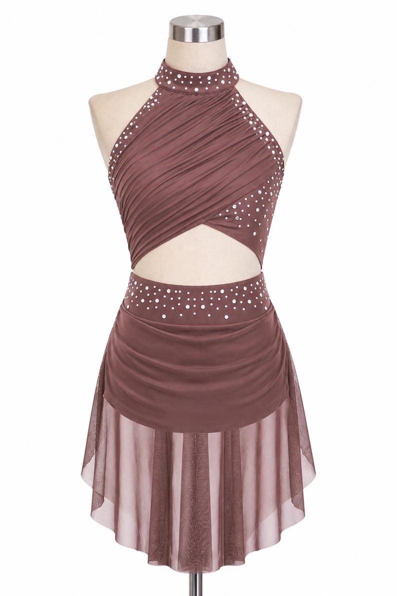 Girls Lyrical Dance Dress, Rhinestone Ballroom Costume, Modern Performance Outfit, Gymnastics Dancewear Tan