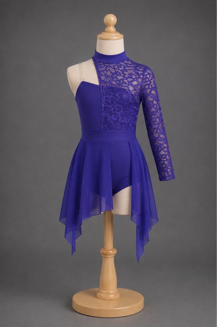 Girls Lace One-Sleeve Lyrical & Contemporary Dance Dress for Girls - Asymmetrical Chiffon Skirt Gymnastic Set with Chiffon Skirt