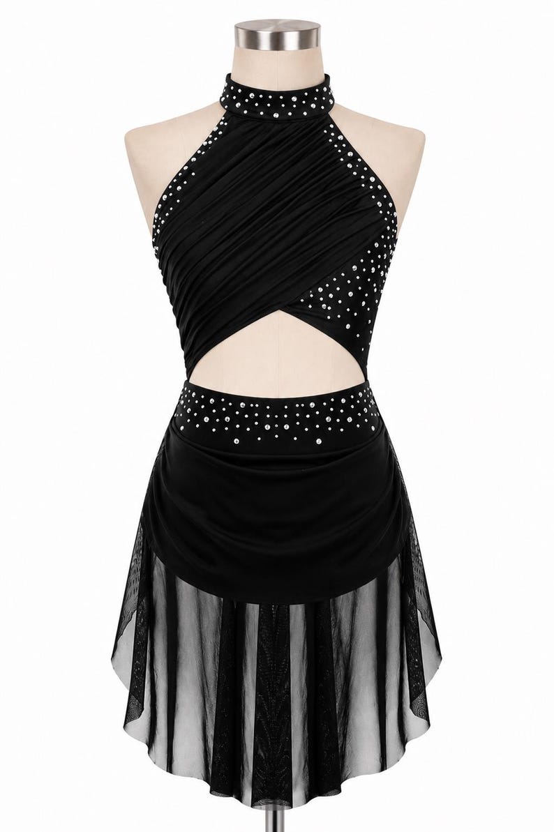 Girls Lyrical Dance Dress, Rhinestone Ballroom Costume, Modern Performance Outfit, Gymnastics Dancewear Svart
