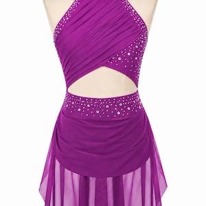 Girls Lyrical Dance Dress, Rhinestone Ballroom Costume, Modern Performance Outfit, Gymnastics Dancewear Orchid Purple