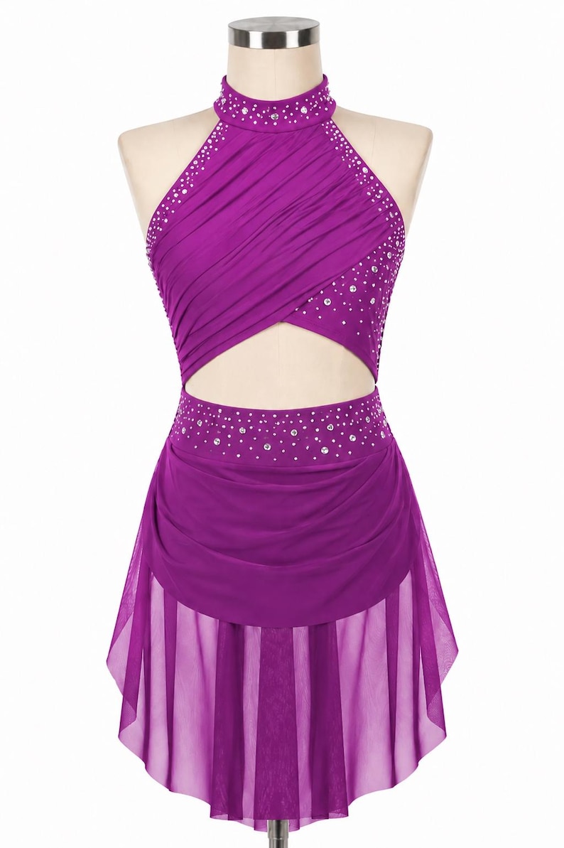 Girls Lyrical Dance Dress, Rhinestone Ballroom Costume, Modern Performance Outfit, Gymnastics Dancewear Orchid Purple