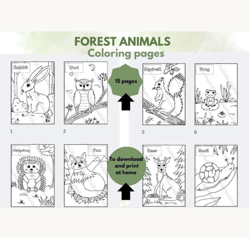 May include: A set of 15 forest animals coloring pages featuring black and white line art of a rabbit, owl, squirrel, frog, hedgehog, fox, deer, and snail. The text reads FOREST ANIMALS Coloring pages, 15 pages, and To download and print at home.