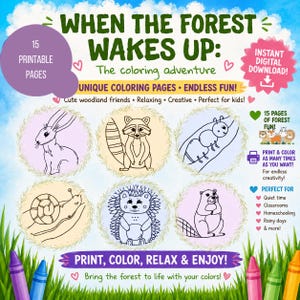 May include: A digital coloring book titled When the Forest Wakes Up featuring 15 printable pages. The graphic displays six circular illustrations of woodland animals including a rabbit, raccoon, ant, snail, hedgehog, and beaver on a blue sky background.