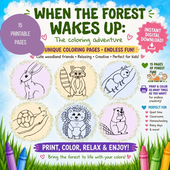 Forest Animals Coloring Pages, Woodland Animals Coloring Book, Printable Coloring Pages for Kids, Animal Coloring Sheets, PDF Download