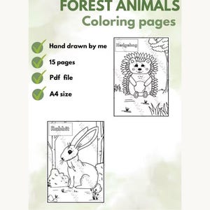 May include: A digital set of 15 Forest Animals coloring pages in PDF format, A4 size. The document features hand-drawn black and white illustrations of a hedgehog and a rabbit, each labeled with its name, set against a light green background.