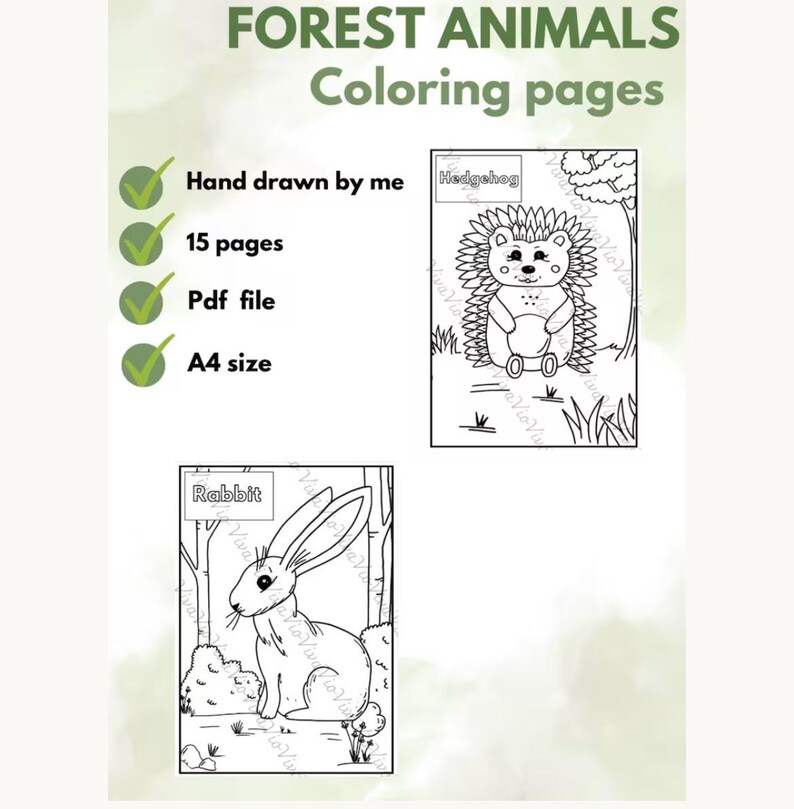 May include: A digital set of 15 Forest Animals coloring pages in PDF format, A4 size. The document features hand-drawn black and white illustrations of a hedgehog and a rabbit, each labeled with its name, set against a light green background.