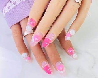 Luxury Handmade Press Ons / Pink Menhera / Yami Kawaii Nails