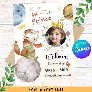 Bearbeitbar Der kleine Prinz Einladung mit Foto, erste Geburtstagseinladung, Prinz-Geburtstagsfeier, Jungeneinladung | Bearbeitet mit Canva
