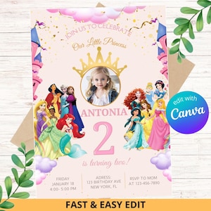 Editable Princess Birthday Invitation with Photo / Personalized Digital Party Invitation / Canva Template / Add your daughter&#39;s photo! /  :)