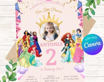 Editable Princess Birthday Invitation with Photo / Personalized Digital Party Invitation / Canva Template / Add your daughter&#39;s photo! /  :)