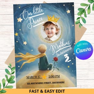 Bearbeitbar Der kleine Prinz Einladung mit Foto, erste Geburtstagseinladung, Prinz-Geburtstagsfeier, Jungeneinladung | Bearbeitet mit Canva