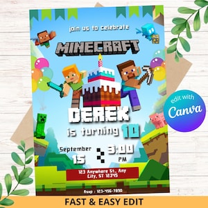 Invitación de cumpleaños de Minecraft: Plantilla imprimible y editable / Perfecta para fiestas de Minecrafters / Plantilla Canva / 5x7 pulgadas