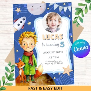 Bearbeitbar Der kleine Prinz Einladung mit Foto, erste Geburtstagseinladung, Prinz-Geburtstagsfeier, Jungeneinladung | Bearbeitet mit Canva
