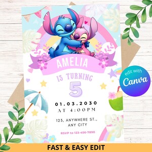 Editable Stitch and Angel Birthday Invitation , Printable Birthday Party Invitations, Digital Kids Party Invitation, Invitation Template