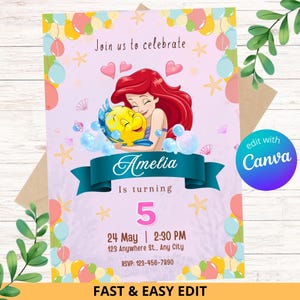 Editable Little Mermaid Ariel Birthday Invitation/ Little Mermaid Party Invitation Card/Mermaid Princess Party Invitation / INSTANT DOWNLOAD