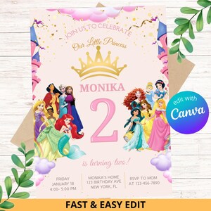 Editable Princess Birthday Invitation / Personalized Digital Party Invitation / Canva Template / Invitacion for Girls