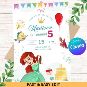 Faire-part d'anniversaire modifiable Ariel petite sirène / petite carte d'invitation fête sirène / Invitation fête princesse sirène / téléchargement immédiat