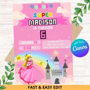 Princess Peach-uitnodiging, prinses verjaardagsuitnodiging, Super Mario Bros, prinses Super Mario verjaardagsuitnodiging, digitale sjabloon