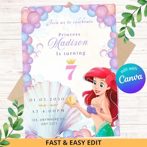Editable Little Mermaid Ariel Birthday Invitation/ Little Mermaid Party Invitation Card/Mermaid Princess Party Invitation / INSTANT DOWNLOAD