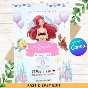 Faire-part d'anniversaire modifiable Ariel petite sirène / petite carte d'invitation fête sirène / Invitation fête princesse sirène / téléchargement immédiat