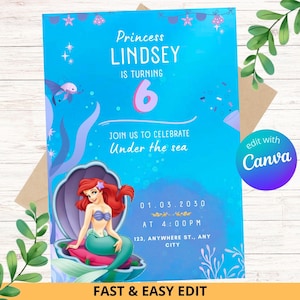Faire-part d'anniversaire modifiable Ariel petite sirène / petite carte d'invitation fête sirène / Invitation fête princesse sirène / téléchargement immédiat