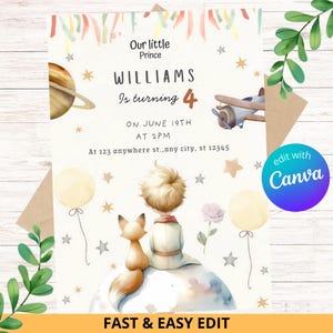 Bearbeitbar Der kleine Prinz-Einladung, 1.Geburtstag einladen, Prinz-Geburtstagsfeier, Jungen-Einladung | Bearbeitet mit Canva