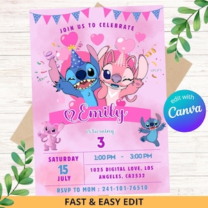 Modelo de convite de aniversário editável com Stitch, convites para festa de aniversário para imprimir, convite digital para festa infantil, convite digital para aniversário