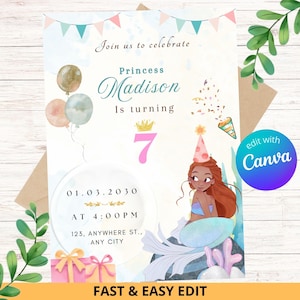 Faire-part d'anniversaire modifiable Ariel petite sirène / petite carte d'invitation fête sirène / Invitation fête princesse sirène / téléchargement immédiat
