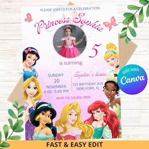 Editable Princess Birthday Invitation with Photo / Personalized Digital Party Invitation / Canva Template / Add your daughter&#39;s photo! /  :)