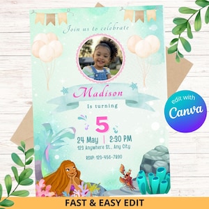 Little Mermaid Birthday Party Invitation Ariel Birthday Invitation Editable Little Mermaid Invitation Ariel Digital Printable Card