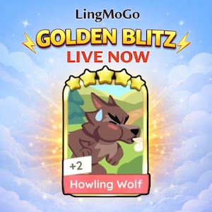May include: A promotional graphic for LingMoGo's Golden Blitz event. The image features a card with a cartoon wolf illustration labeled "Howling Wolf." The card is framed by gold stars and the text "LIVE NOW."